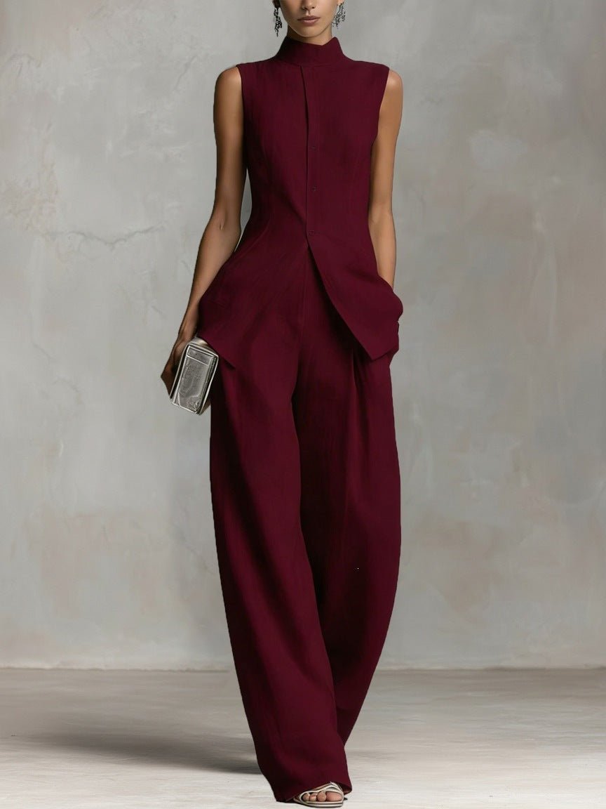 Cotton-Linen Stand Collar Wide Leg Trouser Set for Women