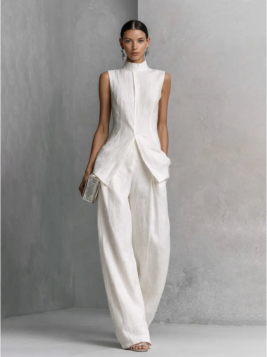 Cotton-Linen Stand Collar Wide Leg Trouser Set for Women