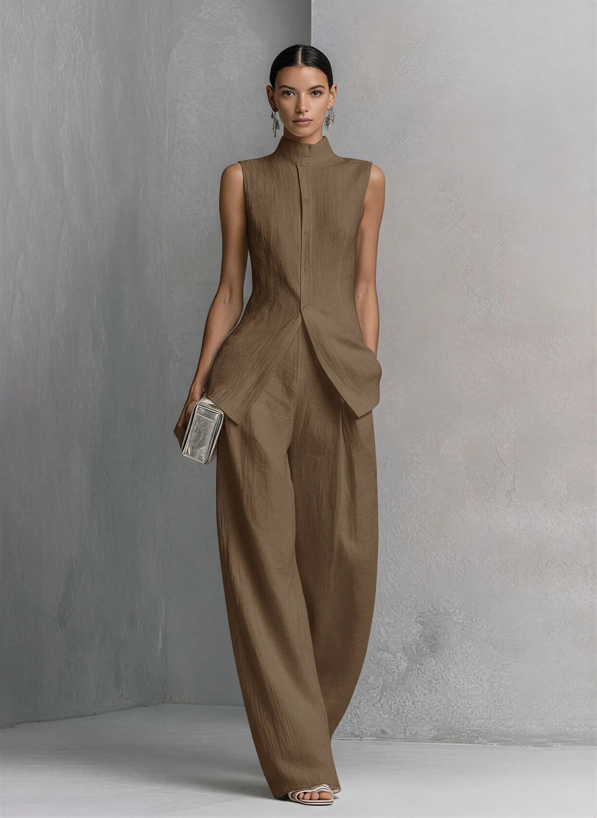 Cotton-Linen Stand Collar Wide Leg Trouser Set for Women