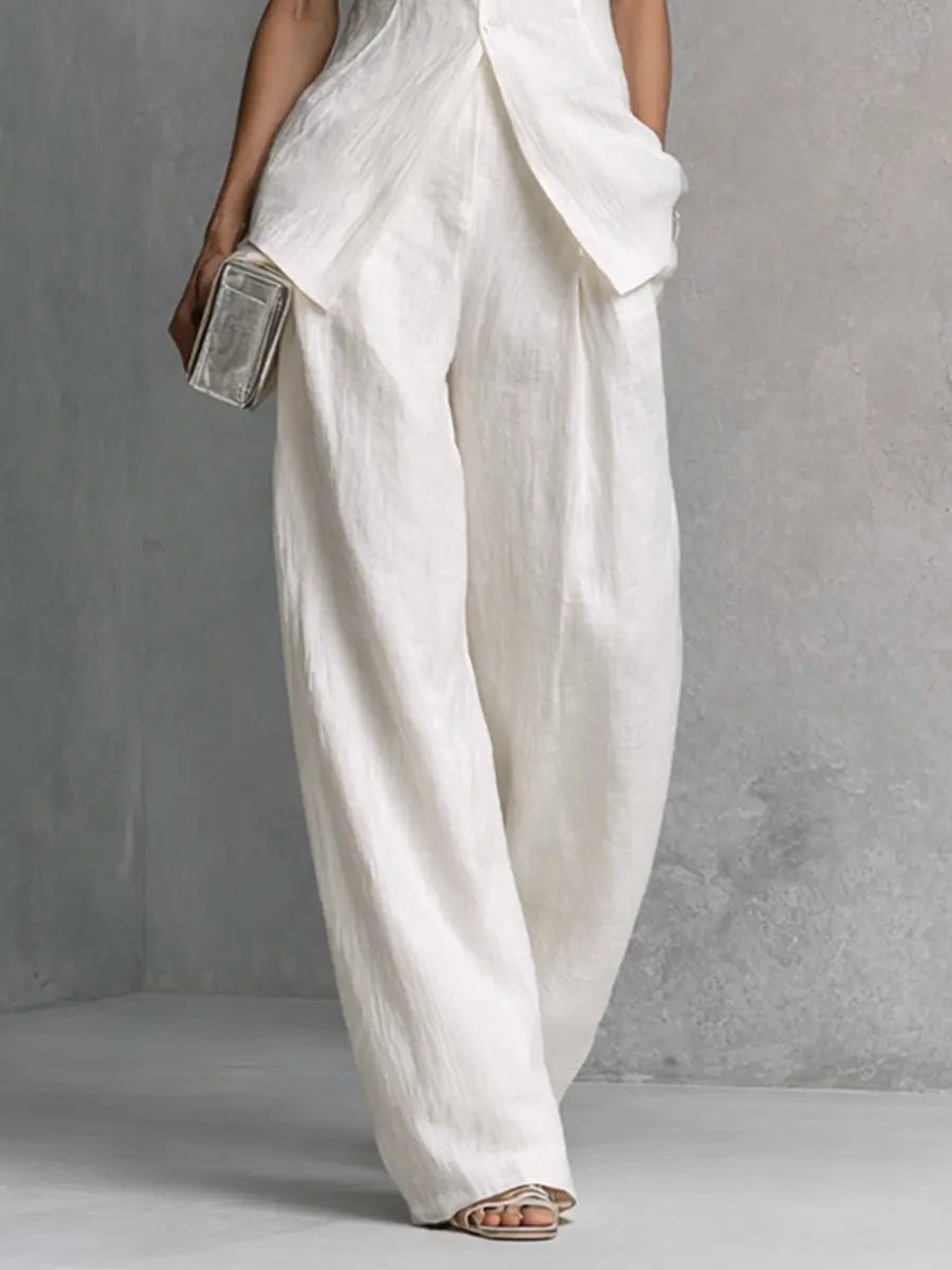 Cotton-Linen Stand Collar Wide Leg Trouser Set for Women