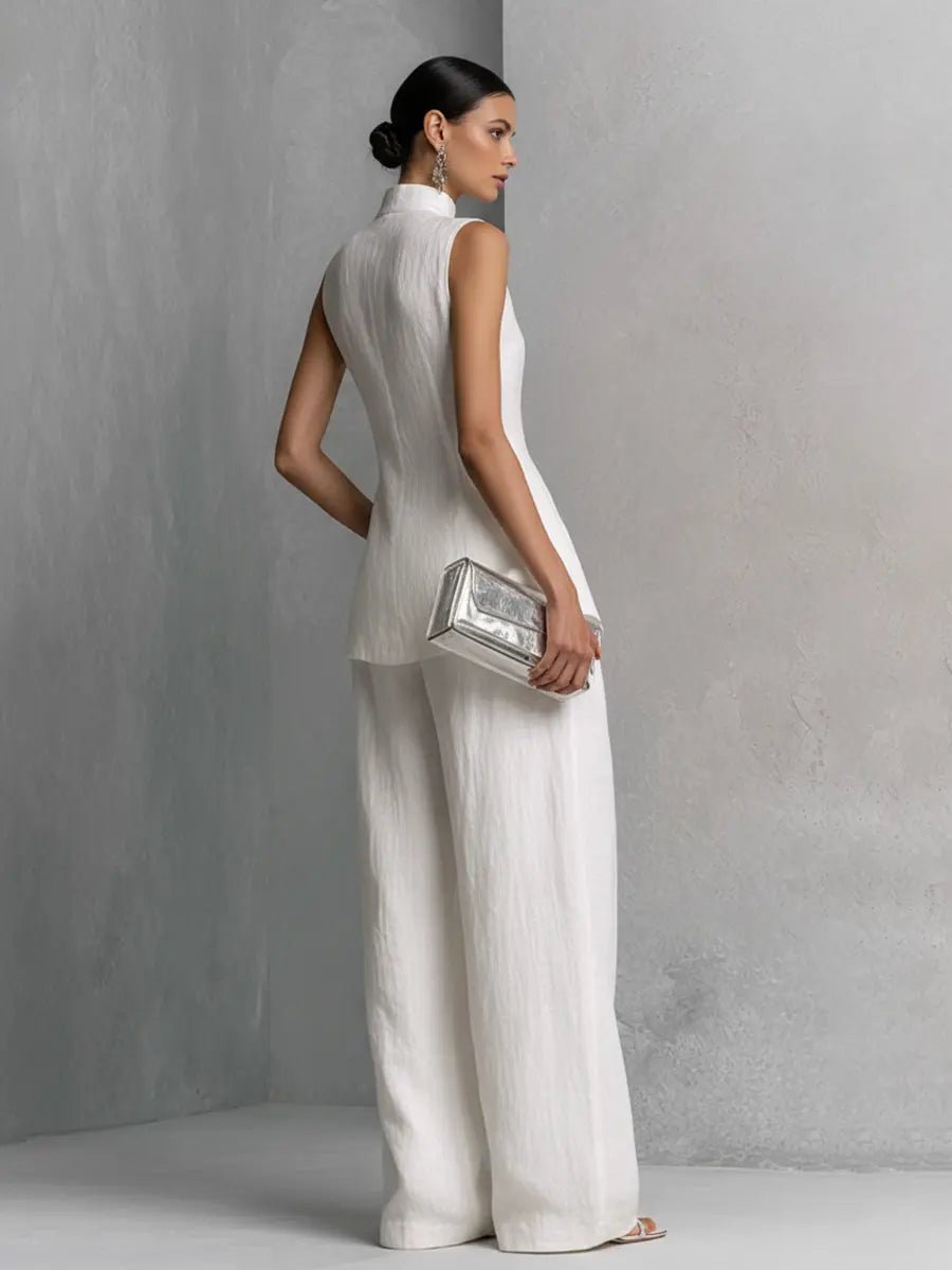 Cotton-Linen Stand Collar Wide Leg Trouser Set for Women