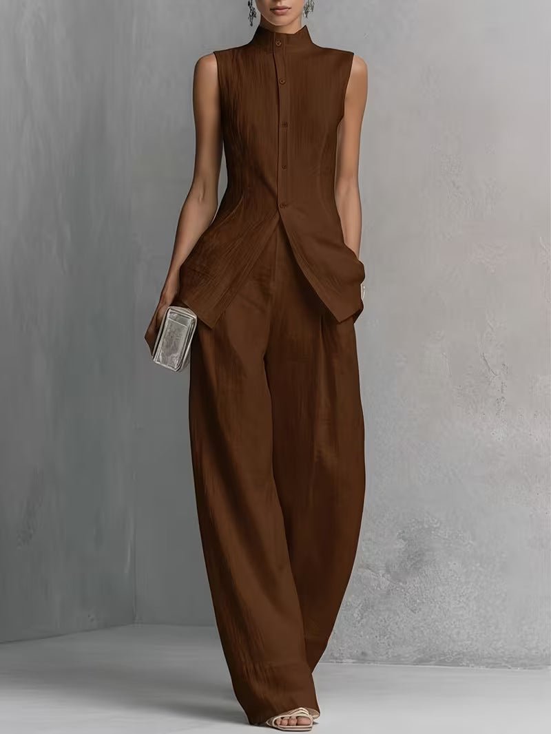 Cotton-Linen Stand Collar Wide Leg Trouser Set for Women