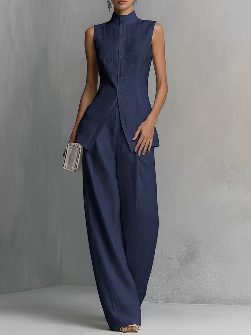 Cotton-Linen Stand Collar Wide Leg Trouser Set for Women