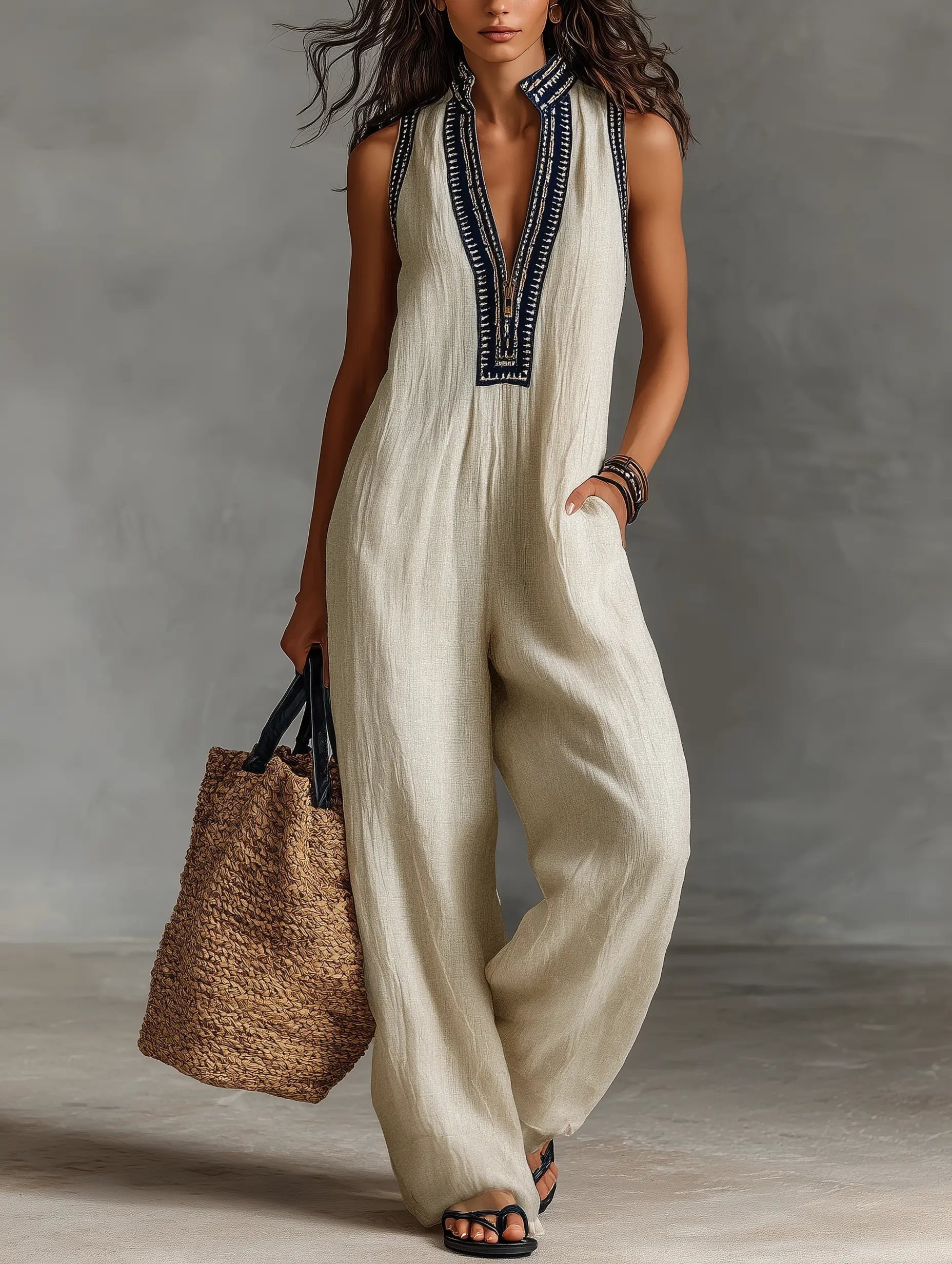 Wide Leg Sleeveless Stand Collar Jumpsuit for Women