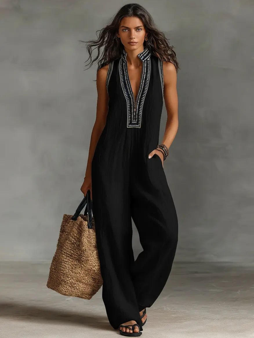 Wide Leg Sleeveless Stand Collar Jumpsuit for Women