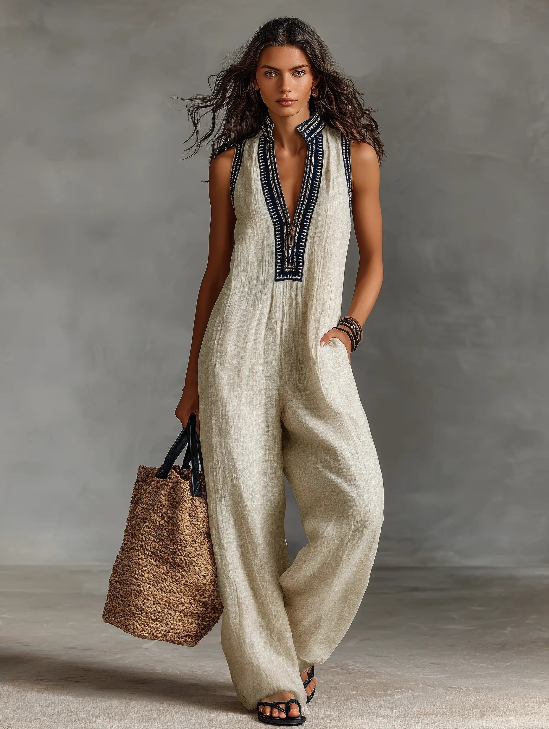 Wide Leg Sleeveless Stand Collar Jumpsuit for Women