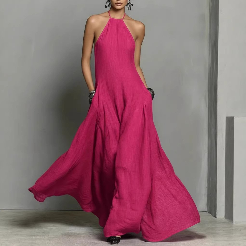 Halter Neck Sleeveless Linen Blend Maxi Dress for Women