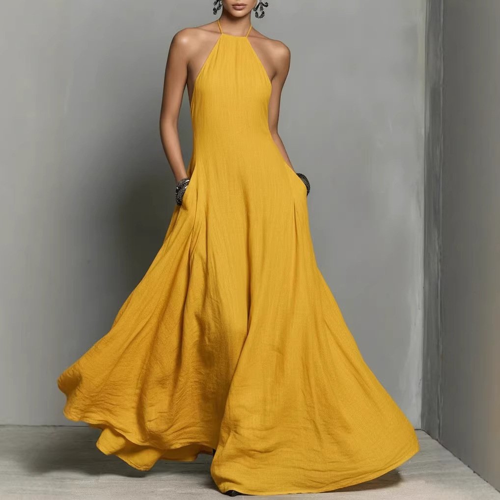 Halter Neck Sleeveless Linen Blend Maxi Dress for Women