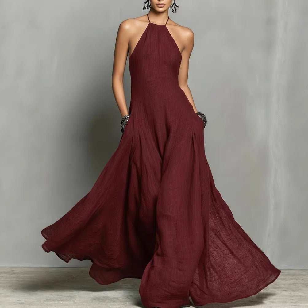Halter Neck Sleeveless Linen Blend Maxi Dress for Women