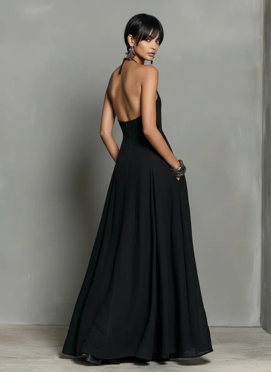 Halter Neck Sleeveless Linen Blend Maxi Dress for Women
