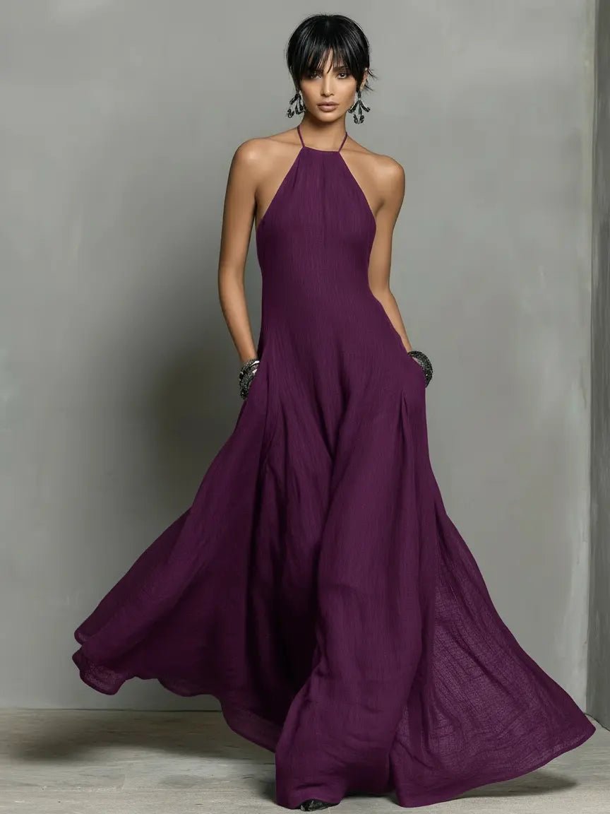 Halter Neck Sleeveless Linen Blend Maxi Dress for Women