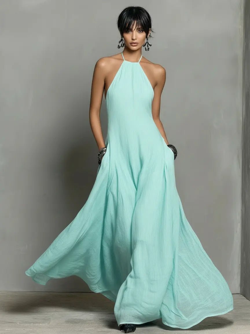 Halter Neck Sleeveless Linen Blend Maxi Dress for Women