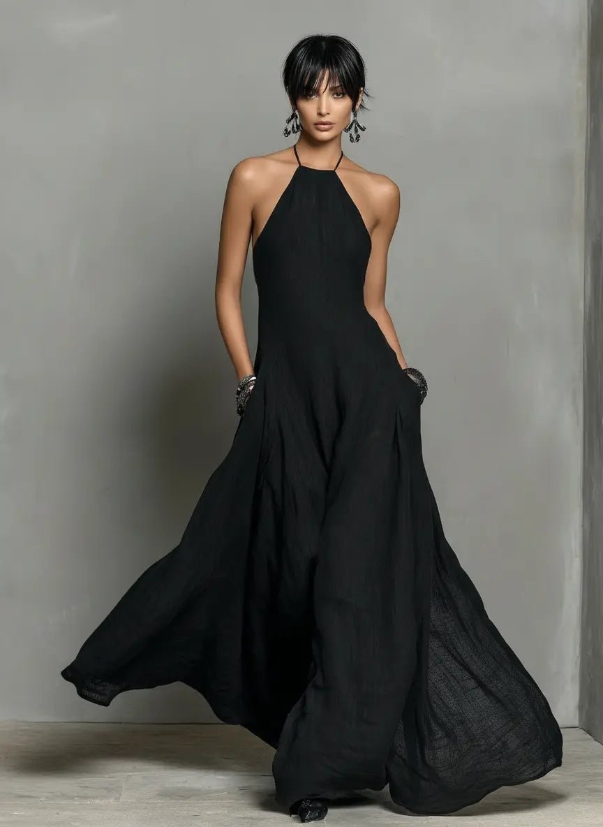 Halter Neck Sleeveless Linen Blend Maxi Dress for Women
