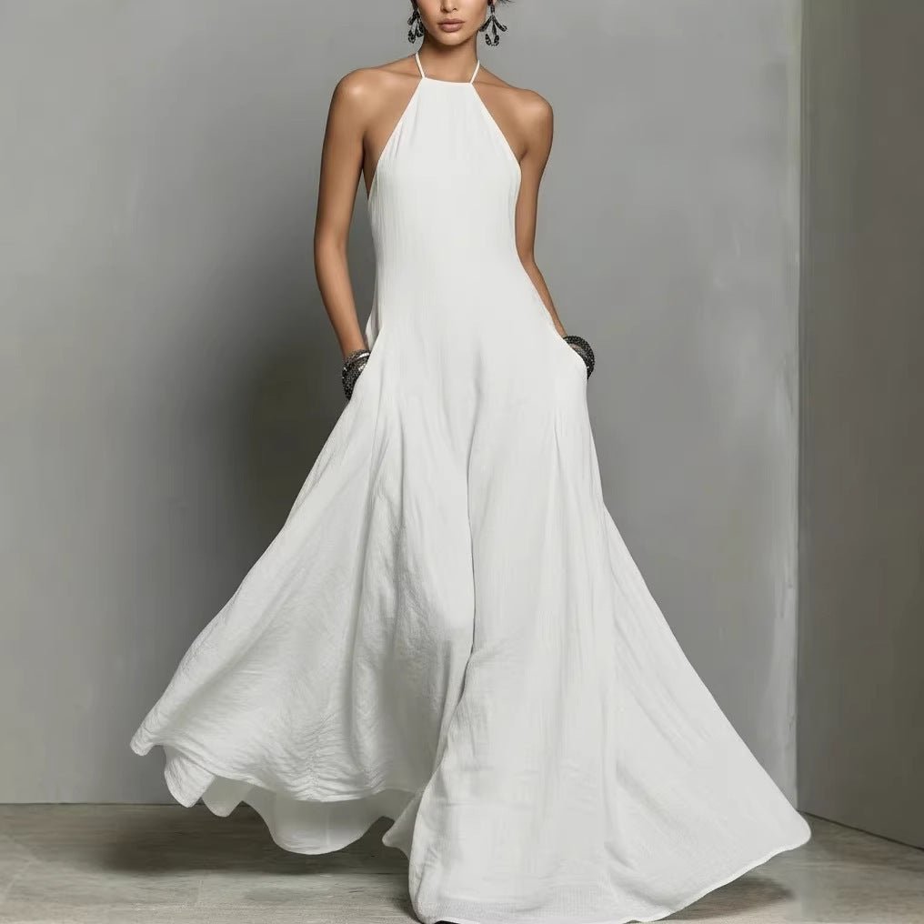Halter Neck Sleeveless Linen Blend Maxi Dress for Women
