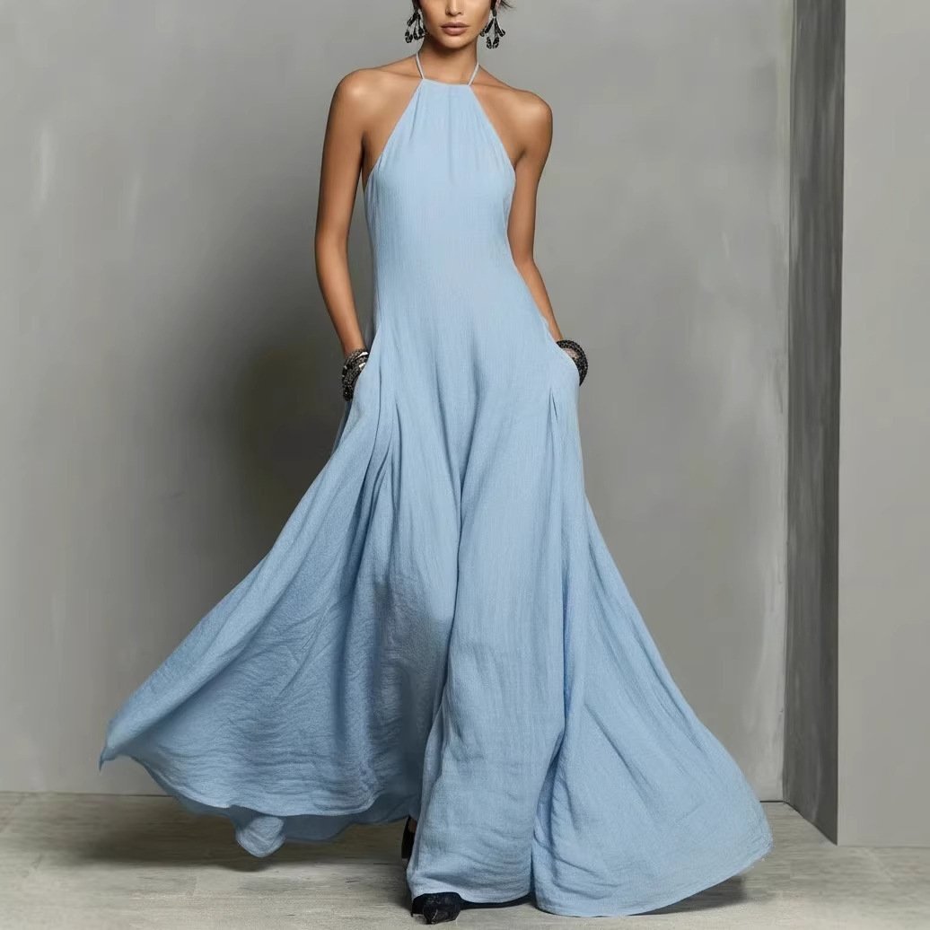 Halter Neck Sleeveless Linen Blend Maxi Dress for Women