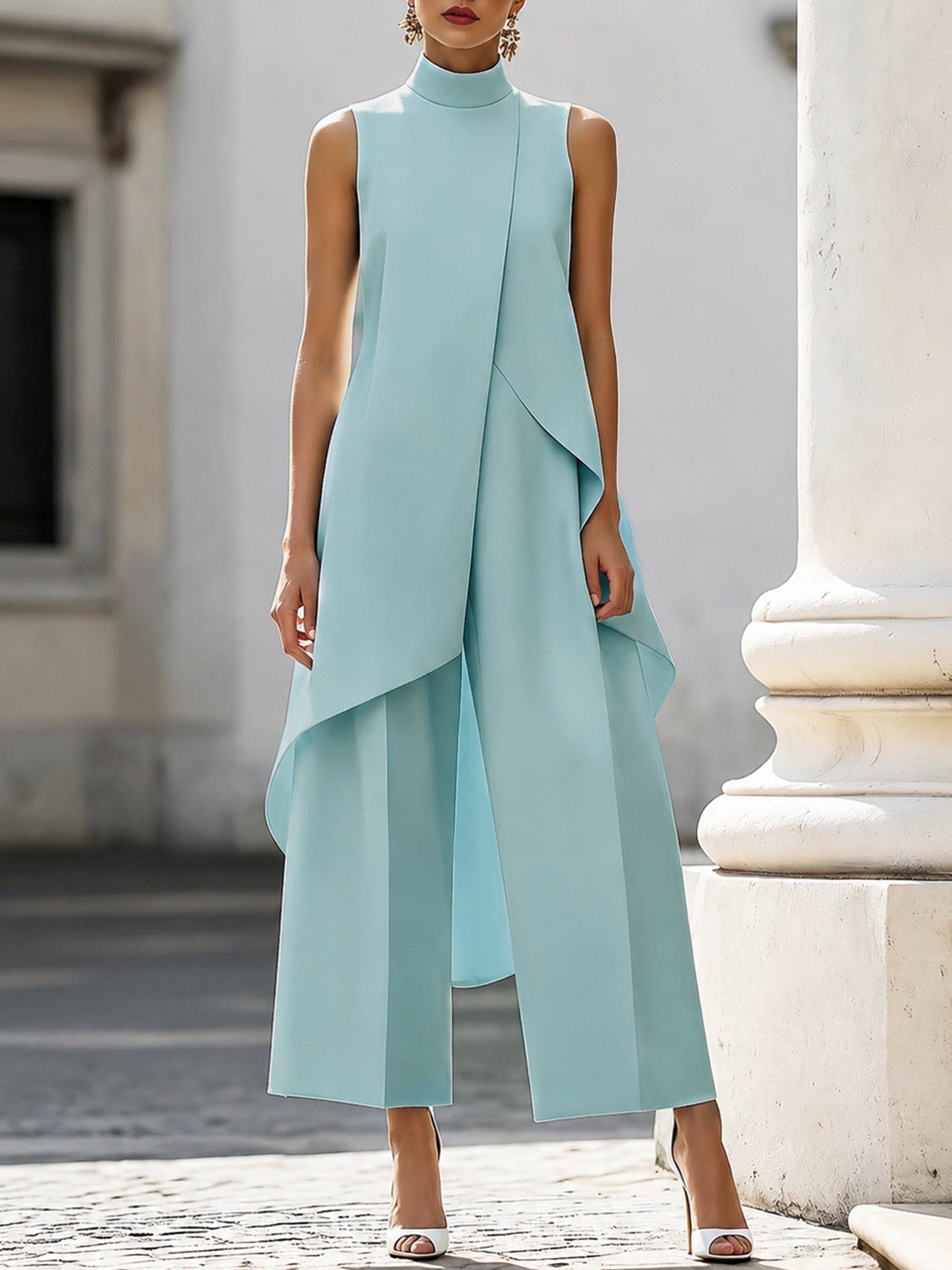 High-Neck Sleeveless Wide-Leg Trouser Set for Women