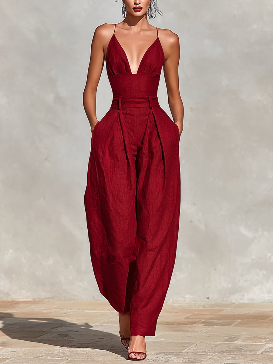 High-Waist Wide-Leg Linen Jumpsuit for Women