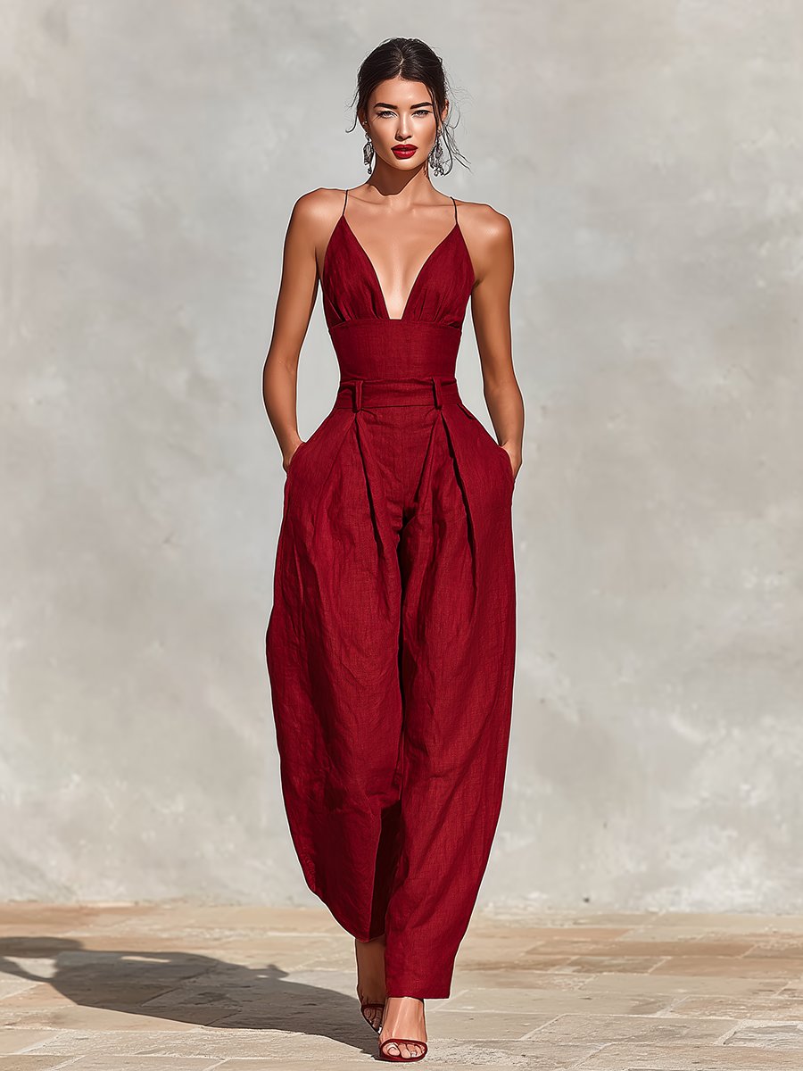 High-Waist Wide-Leg Linen Jumpsuit for Women