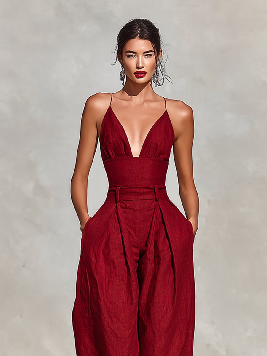 High-Waist Wide-Leg Linen Jumpsuit for Women