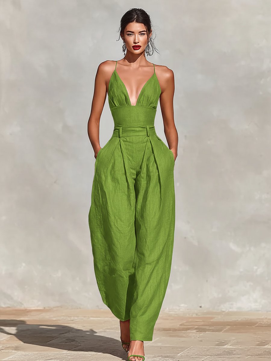 High-Waist Wide-Leg Linen Jumpsuit for Women