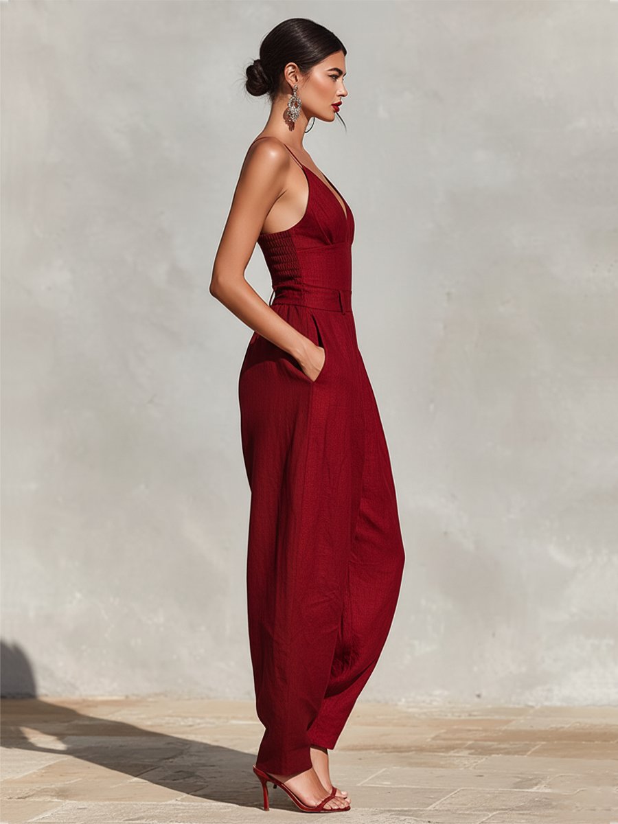 High-Waist Wide-Leg Linen Jumpsuit for Women