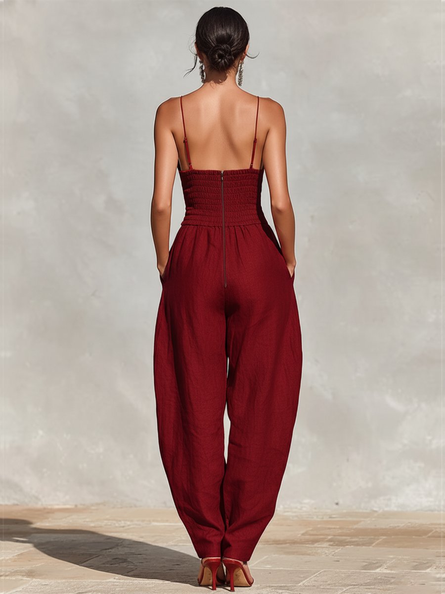 High-Waist Wide-Leg Linen Jumpsuit for Women