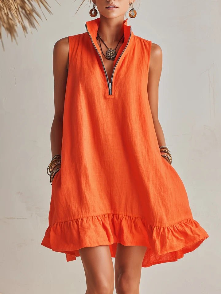 Linen Sleeveless Half-Zip Ruffle Mini Dress for Women