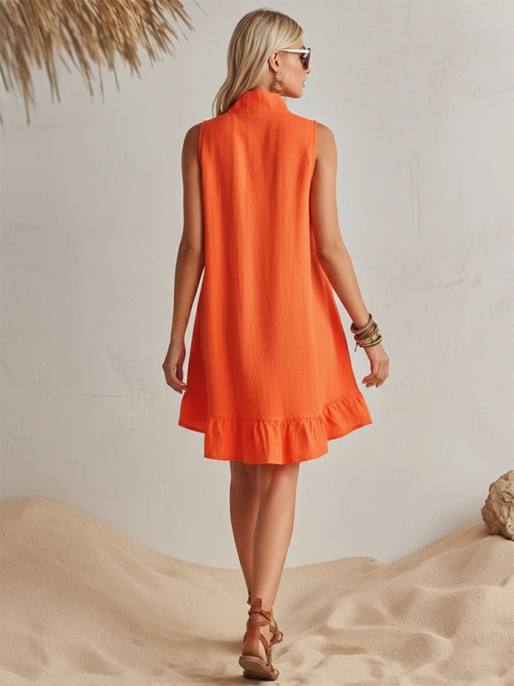 Linen Sleeveless Half-Zip Ruffle Mini Dress for Women