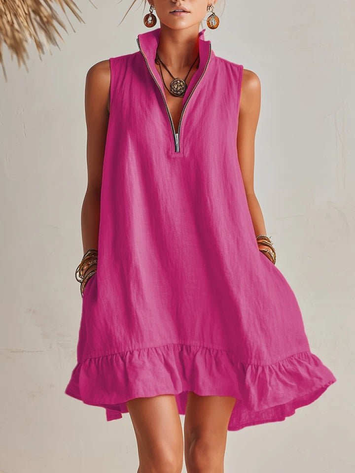 Linen Sleeveless Half-Zip Ruffle Mini Dress for Women