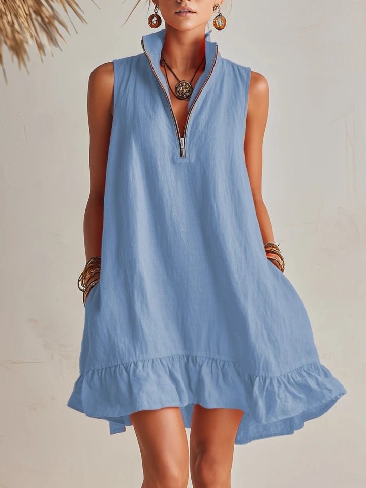 Linen Sleeveless Half-Zip Ruffle Mini Dress for Women
