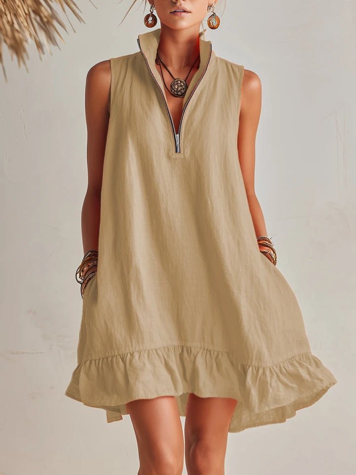 Linen Sleeveless Half-Zip Ruffle Mini Dress for Women