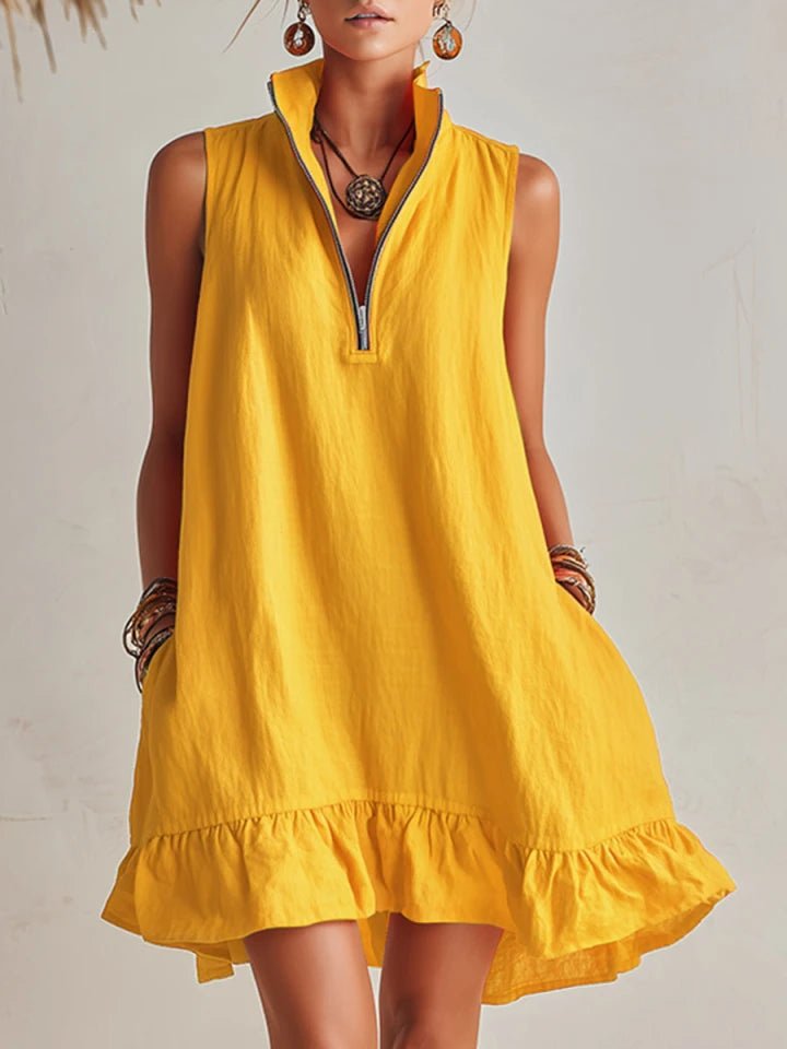 Linen Sleeveless Half-Zip Ruffle Mini Dress for Women