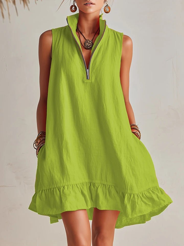 Linen Sleeveless Half-Zip Ruffle Mini Dress for Women