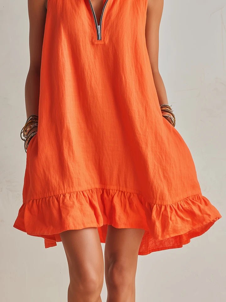 Linen Sleeveless Half-Zip Ruffle Mini Dress for Women