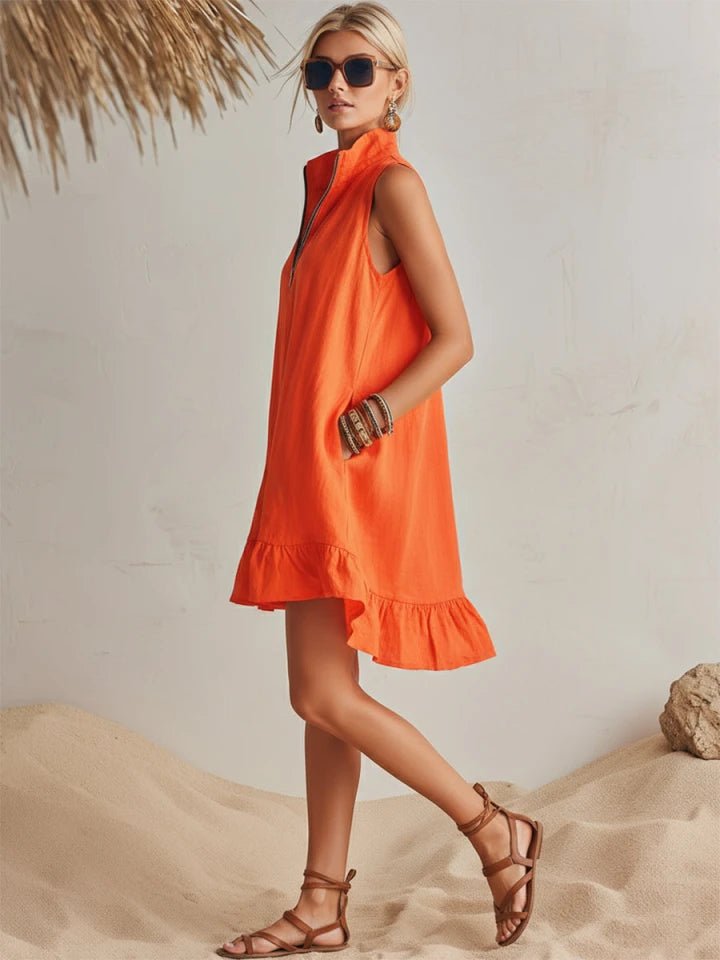 Linen Sleeveless Half-Zip Ruffle Mini Dress for Women