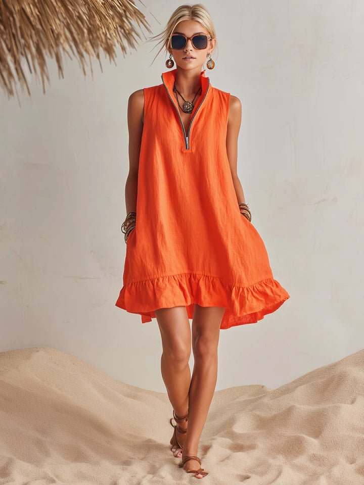 Linen Sleeveless Half-Zip Ruffle Mini Dress for Women