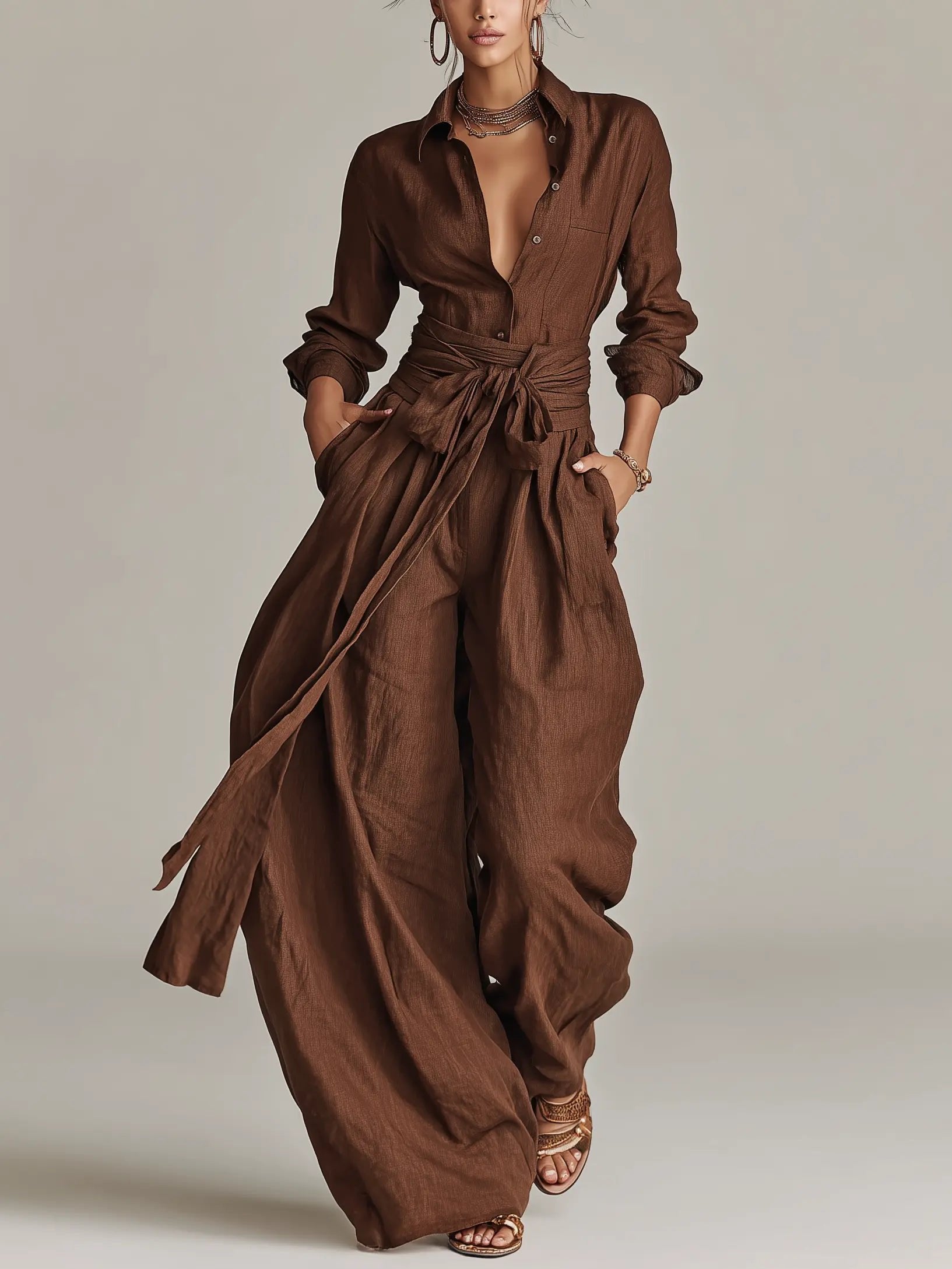 Belted Linen Shirt Collar Jumpsuit for Women