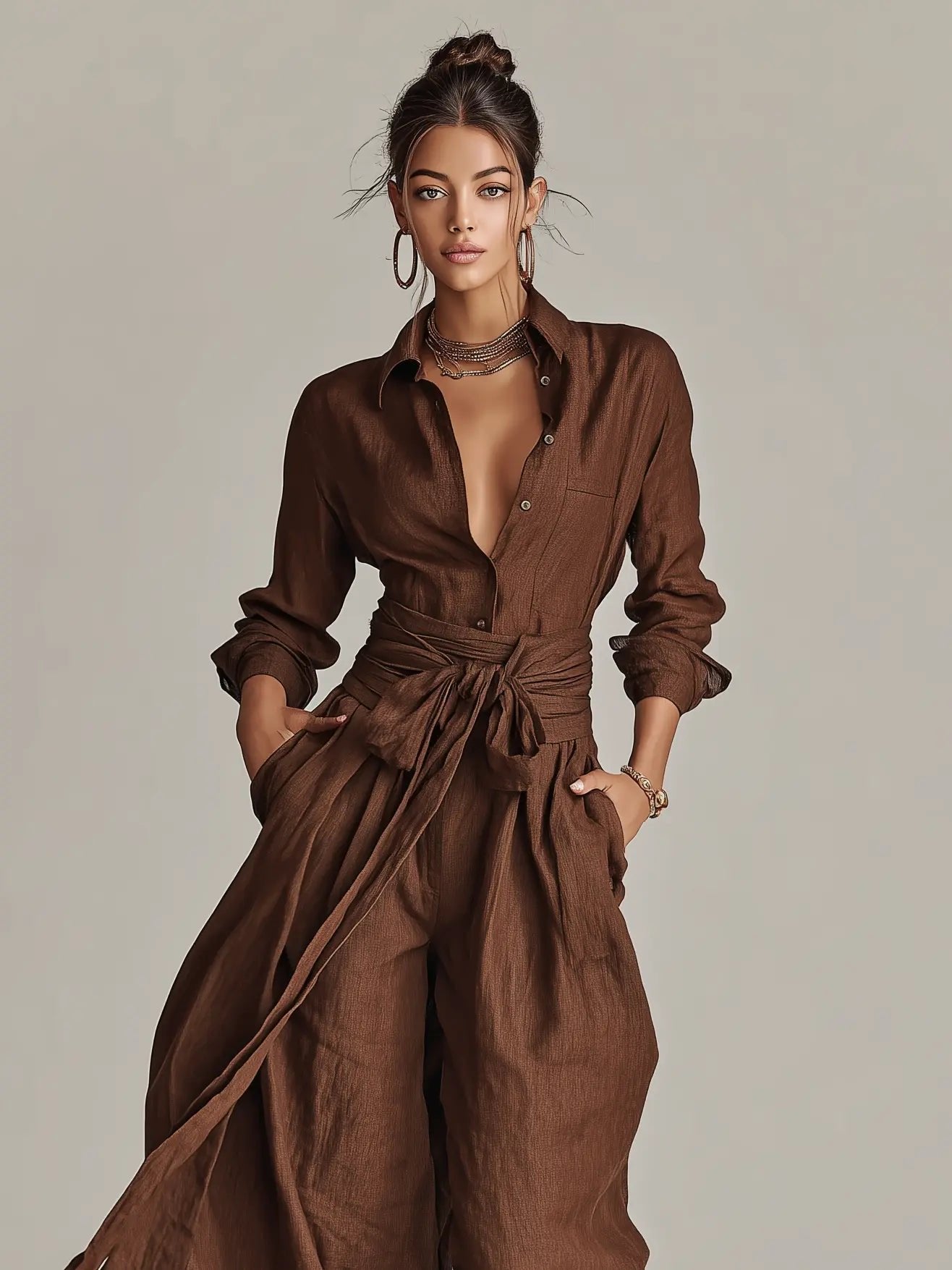 Belted Linen Shirt Collar Jumpsuit for Women
