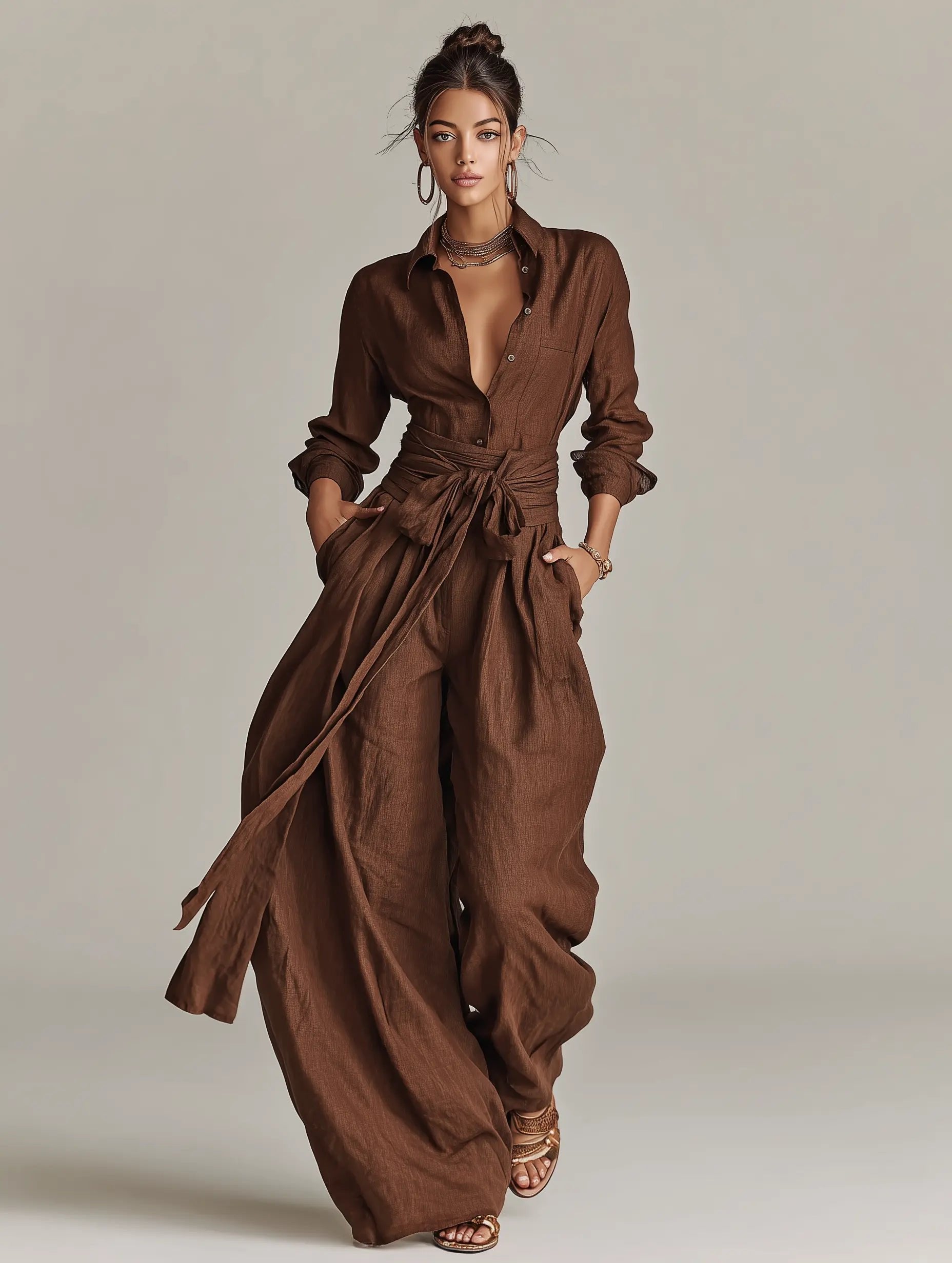 Belted Linen Shirt Collar Jumpsuit for Women