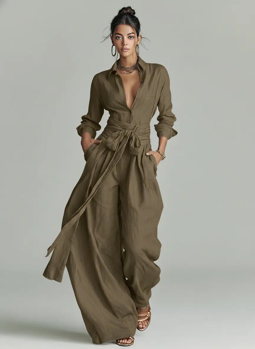 Belted Linen Shirt Collar Jumpsuit for Women