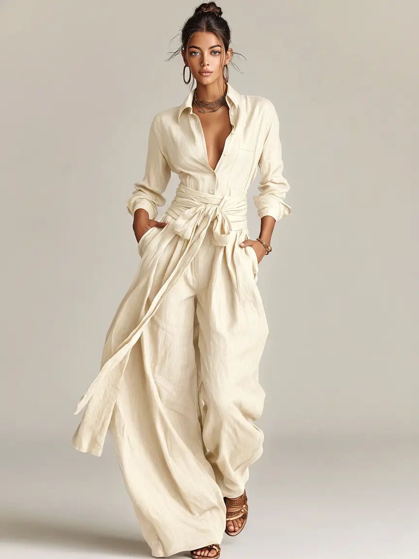 Belted Linen Shirt Collar Jumpsuit for Women
