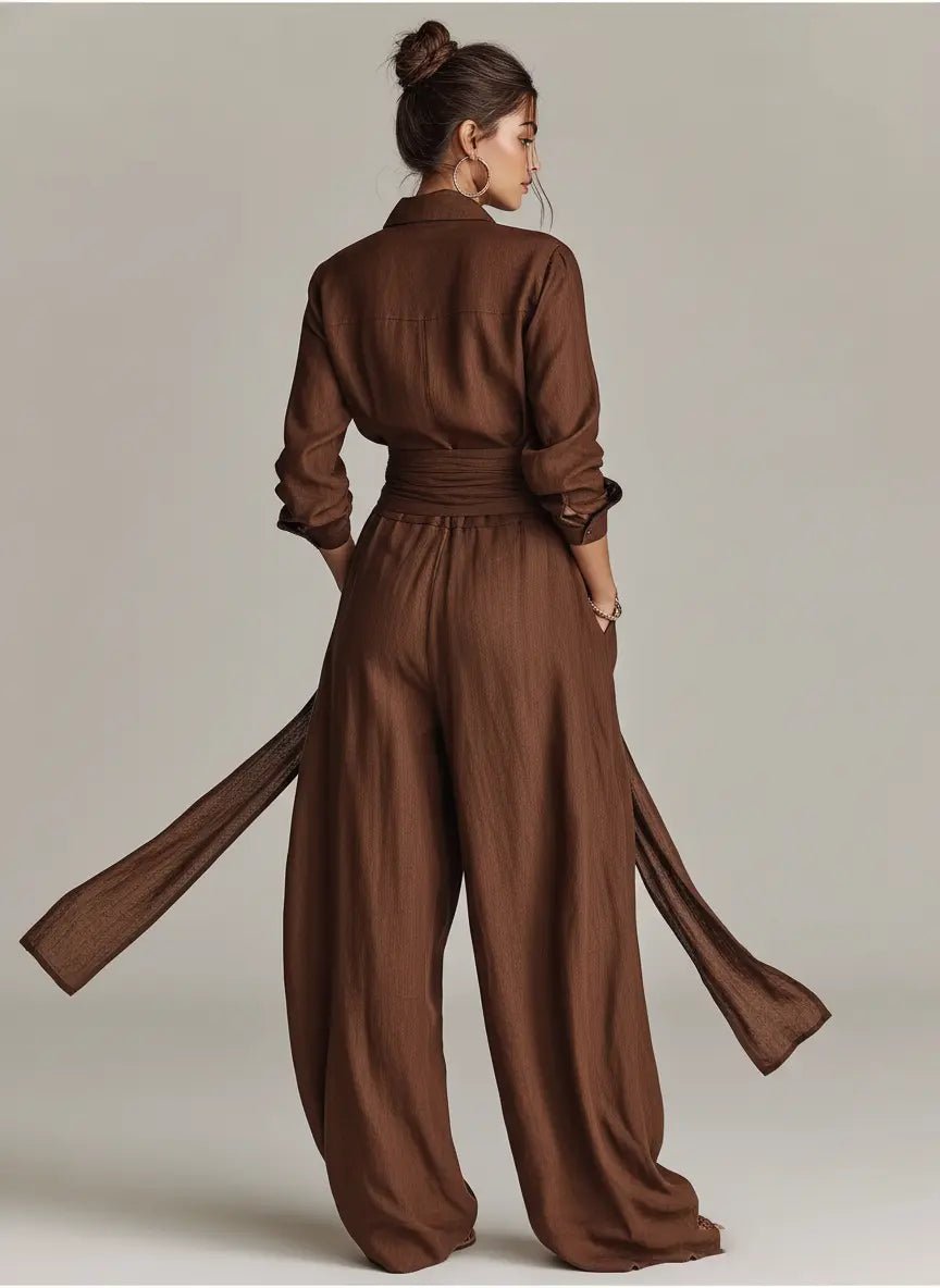 Belted Linen Shirt Collar Jumpsuit for Women