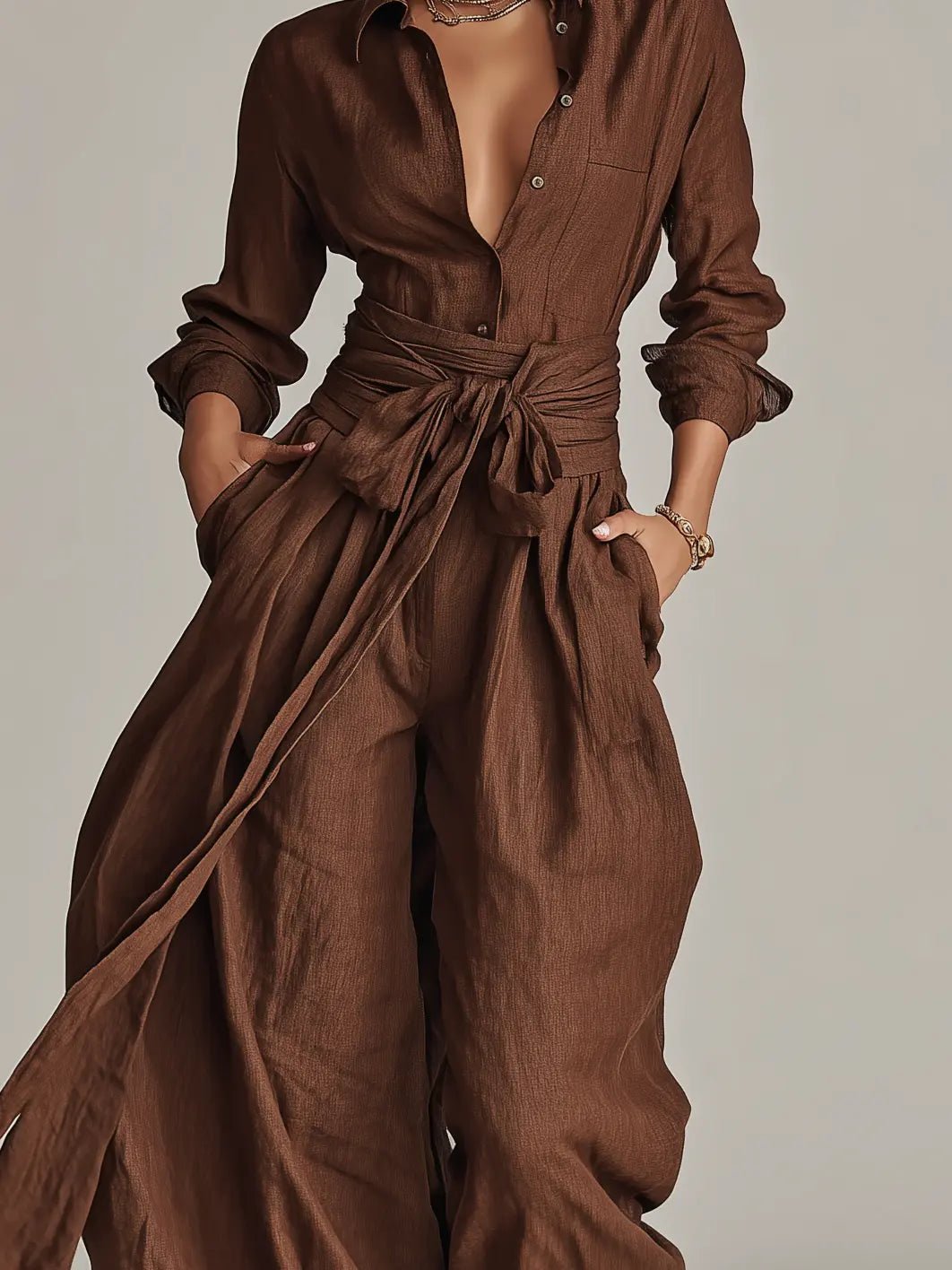 Belted Linen Shirt Collar Jumpsuit for Women