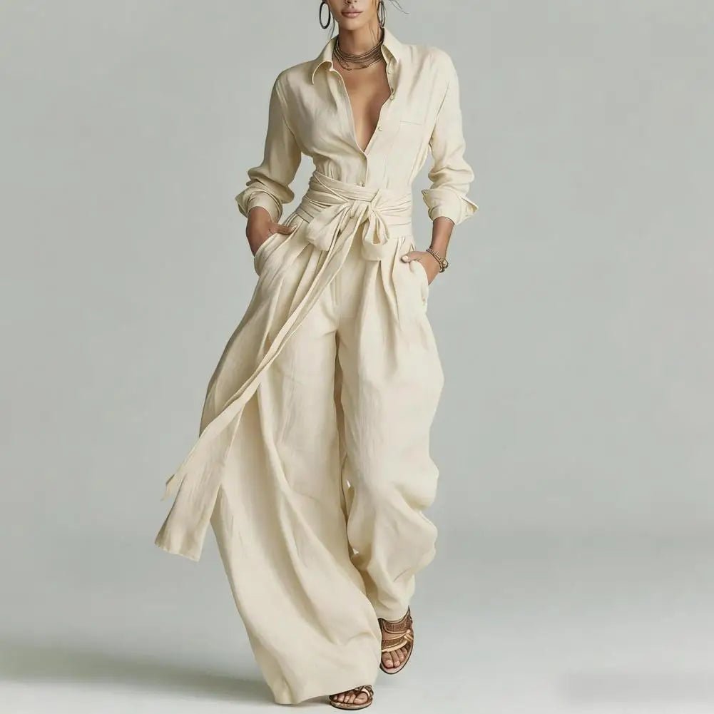 Linen Open-Collar Wide-Leg Set for Women