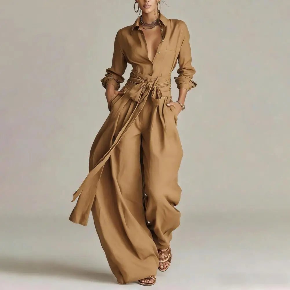 Linen Open-Collar Wide-Leg Set for Women