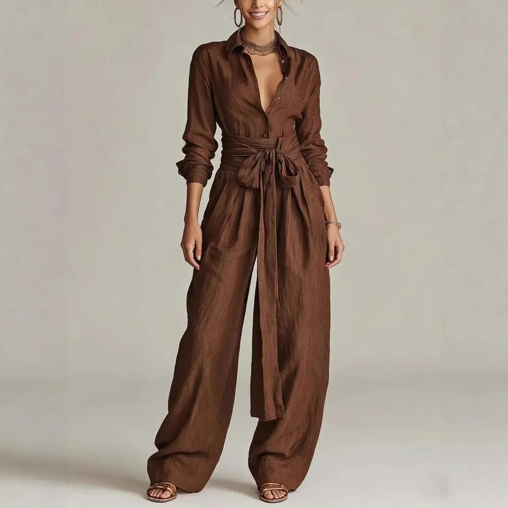 Linen Open-Collar Wide-Leg Set for Women