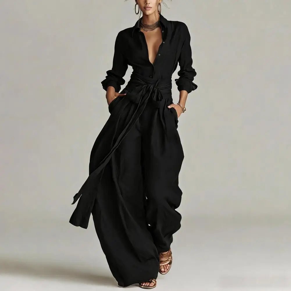 Linen Open-Collar Wide-Leg Set for Women