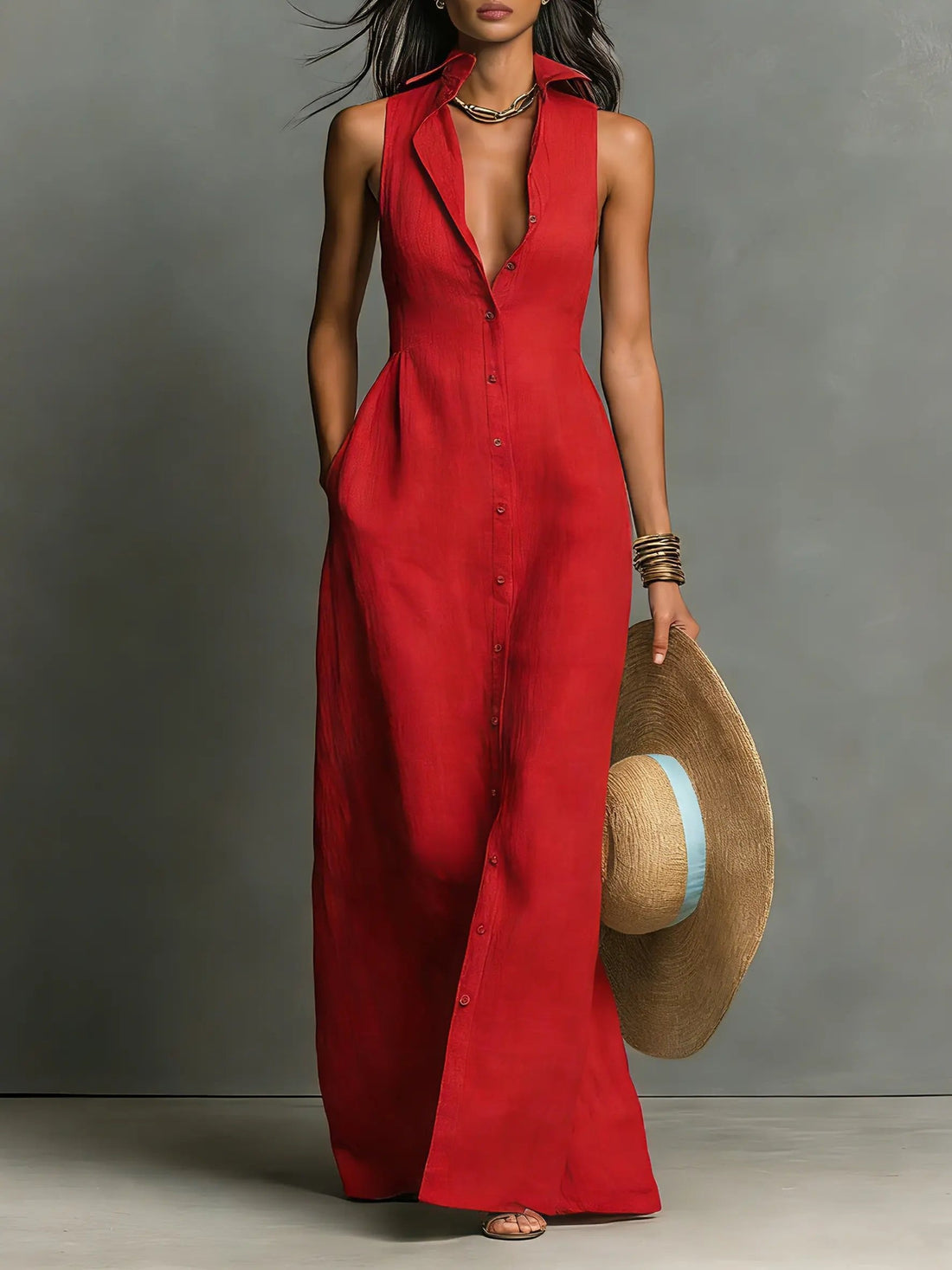 Sleeveless Linen Maxi Shirt Dress for Women