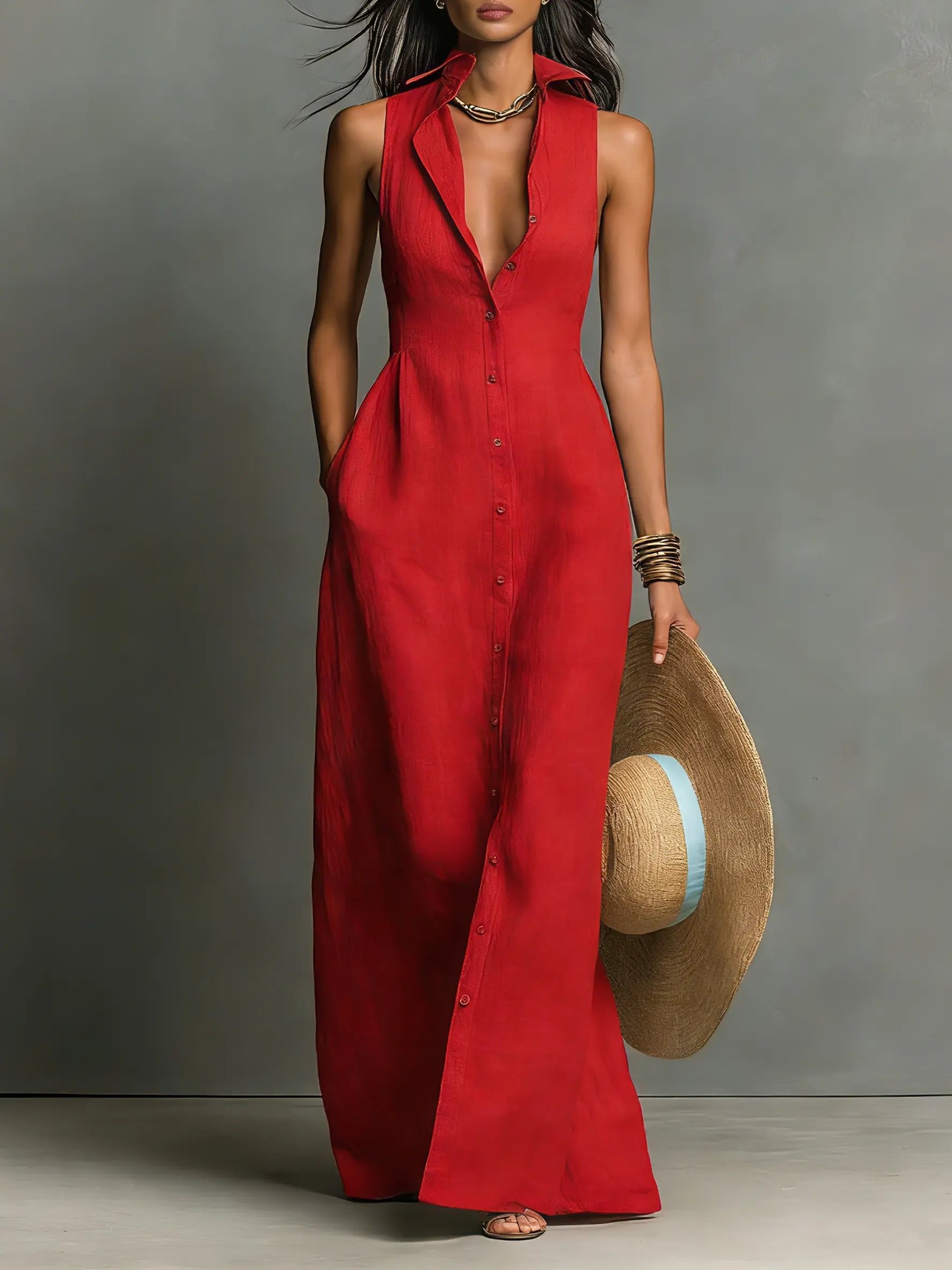 Sleeveless Linen Maxi Shirt Dress for Women