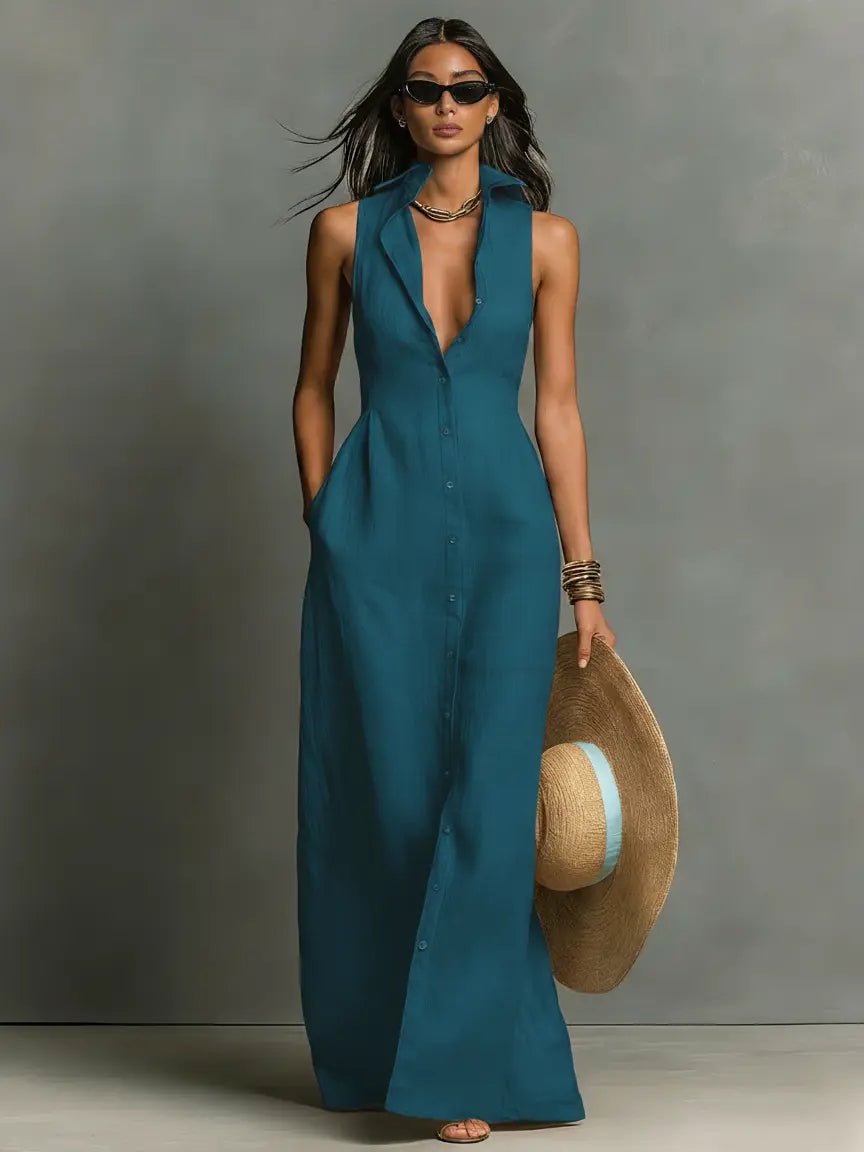 Sleeveless Linen Maxi Shirt Dress for Women